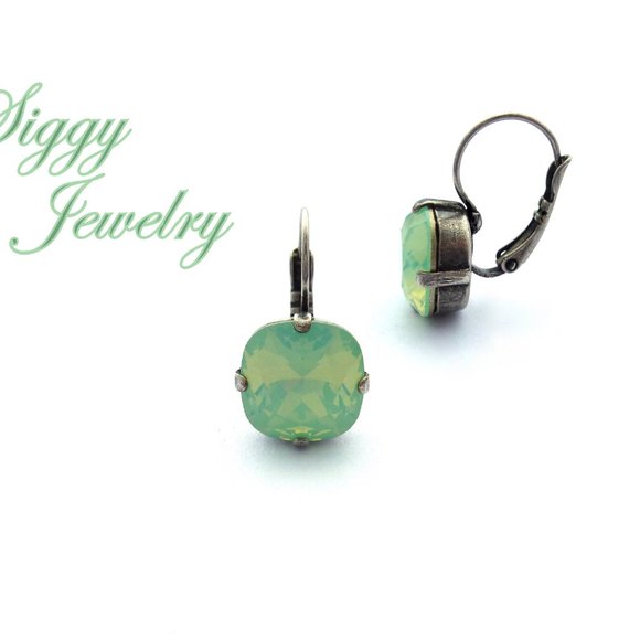 Swarovski Crystal Chrysolite Opal Cushion Cut Drop Earrings, 12mm Fancy Square - Picture 2 of 5